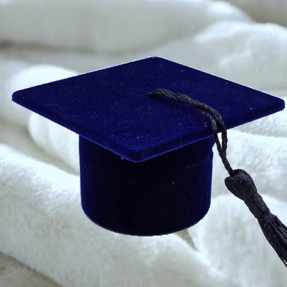 Navy Blue Velvet Graduation Ring Box with Tassels.